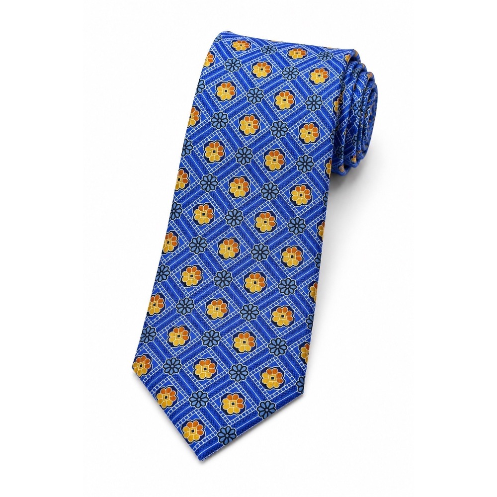 Saks Fifth Avenue Mens Silk Tie Blue Orange Floral Medallion Geometric USA Made